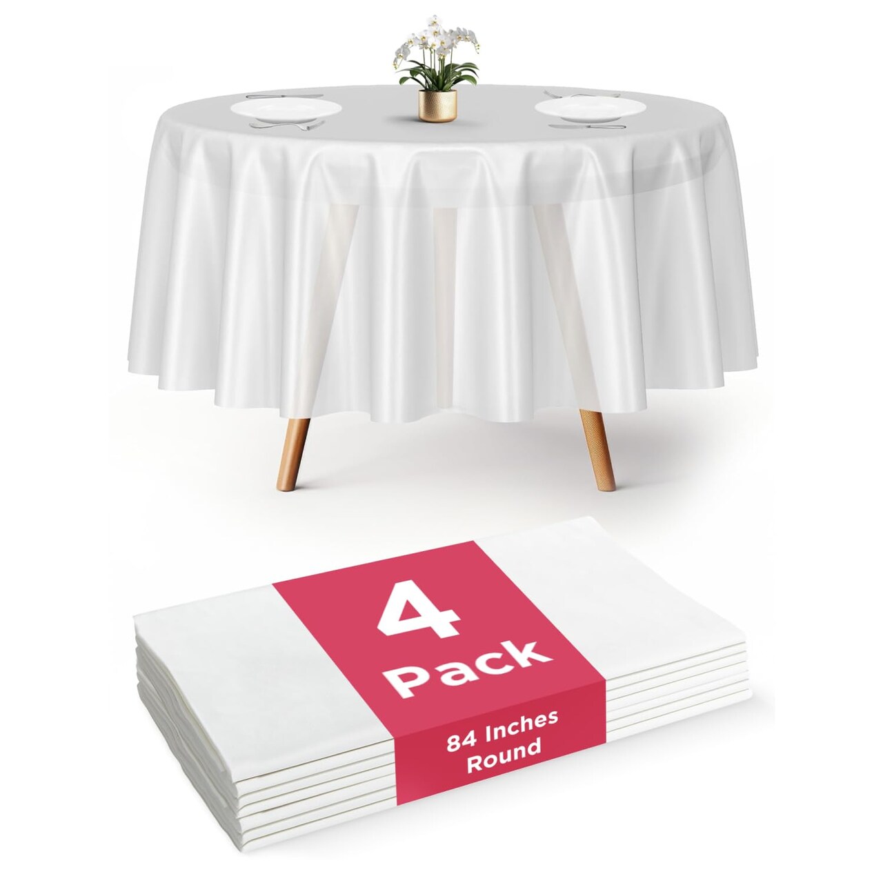 Prestee 4-Pack 84-Inch White Round Plastic Tablecloth Disposable - Durable Waterproof Table Covers for Weddings, BBQ, Parties, Outdoor Events - Elegant White Plastic Tablecloths Round for Any Occasion